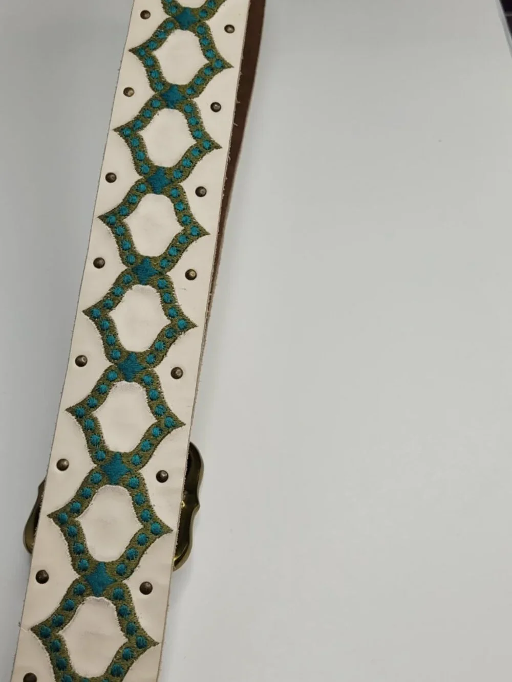 Lucky Brand cream green embraided geometric print western boho festival belt 30